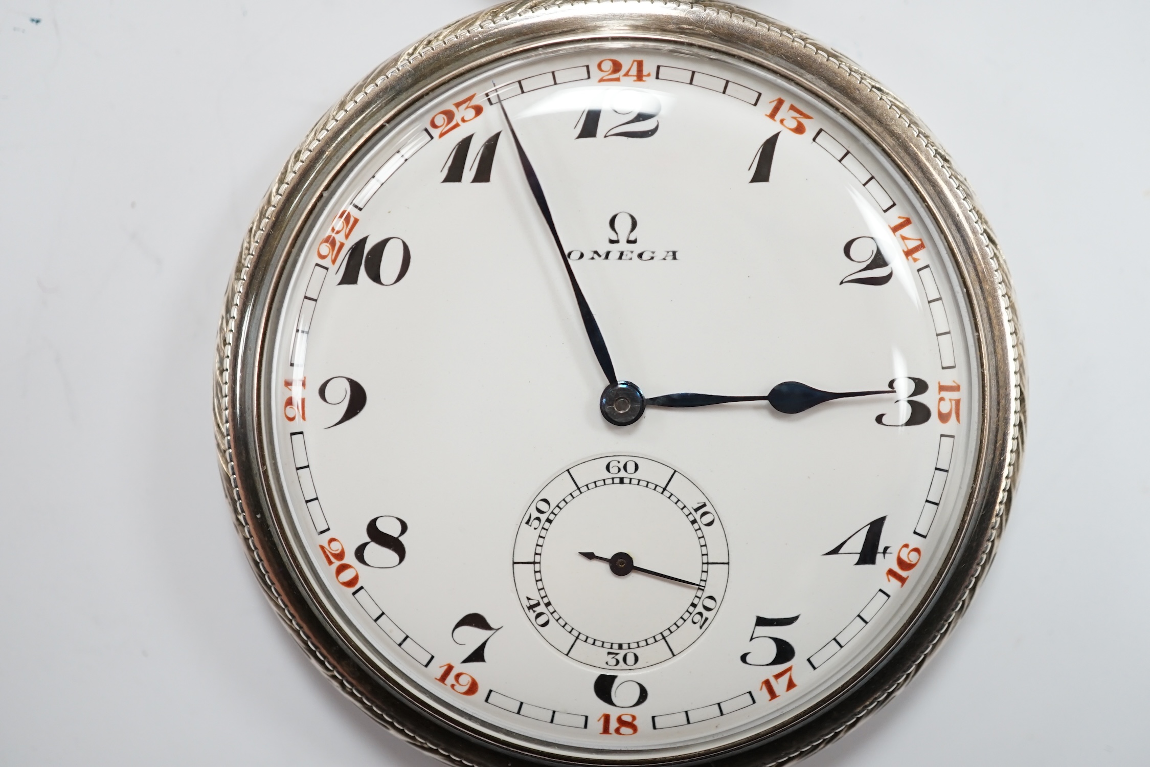 A German 900 standard cased Omega keyless open face dress pocket watch, with Arabic dial and subsidiary seconds, case diameter 48mm, together with an unmarked white metal albert.